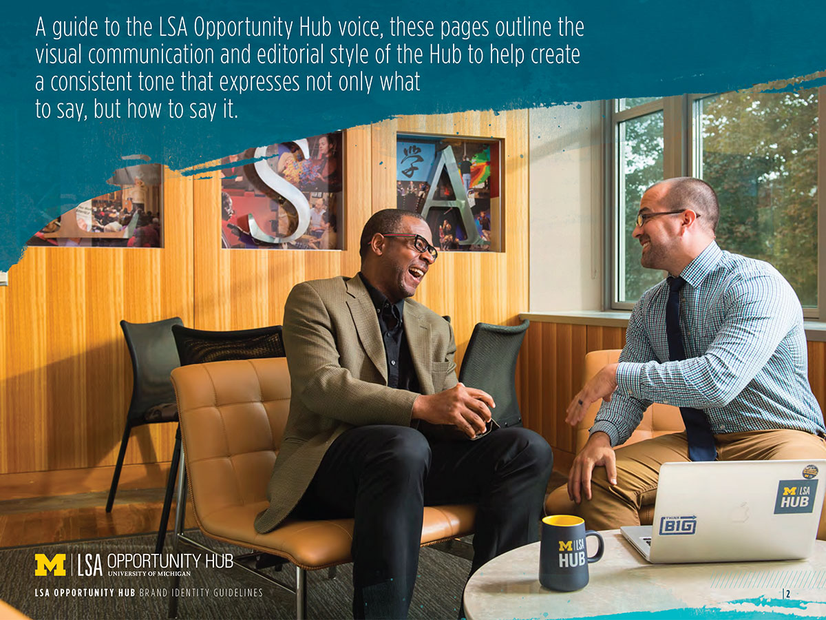 Sample page from the brand guidelines showing two people seated, laughing and talking in a conference room in LSA.